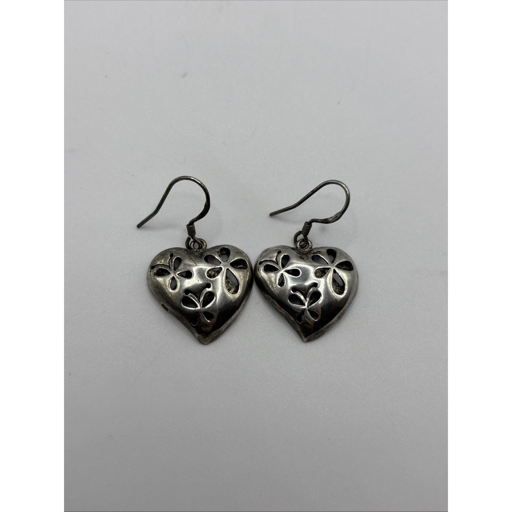 Vintage Sterling Silver Flower Cut-Out Heart Earrings